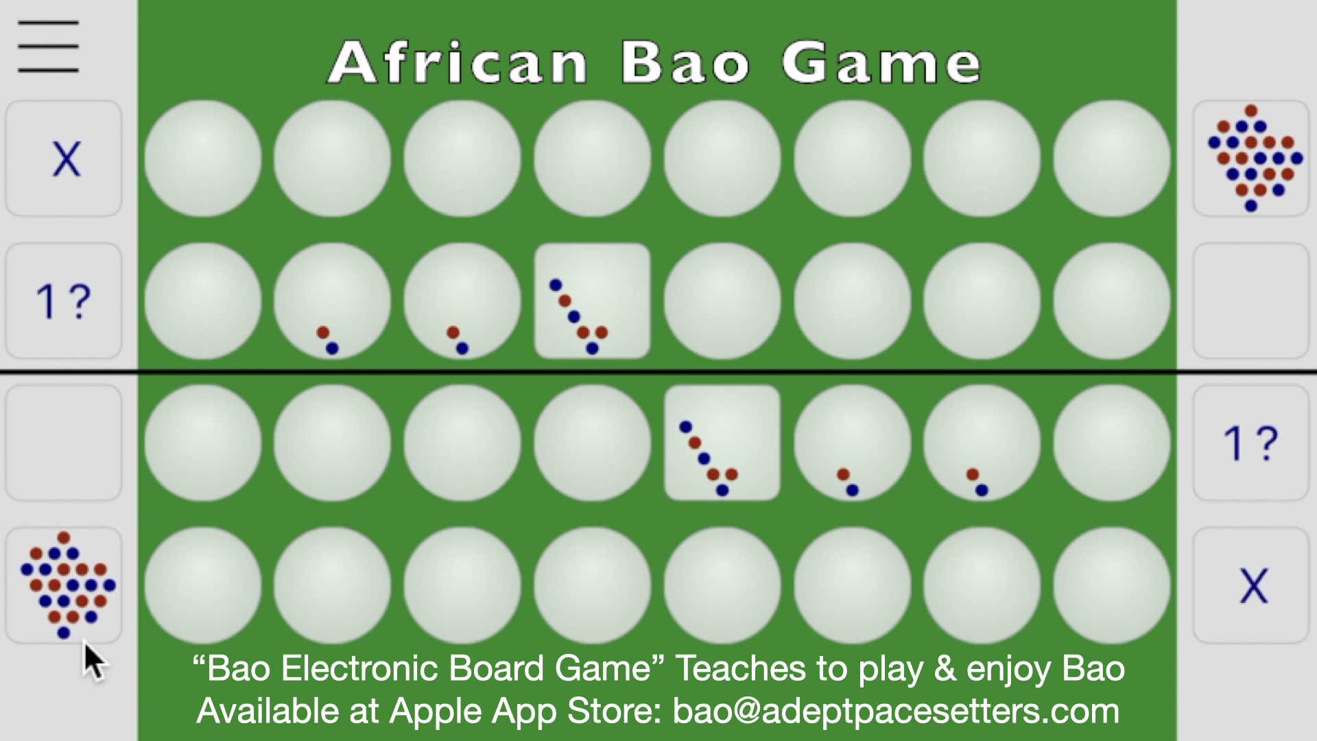 African Bao Game-Best game of all time-Learn Enjoy Relax Exercise Strategy-Get Bao Electronic Game: www.adeptpacesetters.com